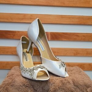 Elegant Park Ivory Satin Crystal Embellished Peep Toe Bridal Heels Wedding
